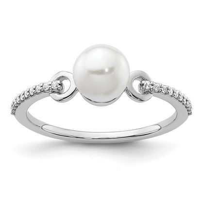 14K Weißgold Fashion-Ring mit Diamant und Perle, poliert