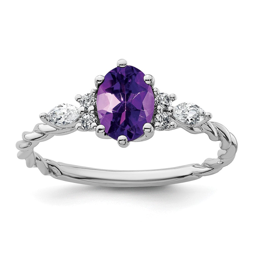 14K Weißgold Ring mit Diamanten und 7x5 ovalem Amethyst (Februar), verschlungen, Größe 7