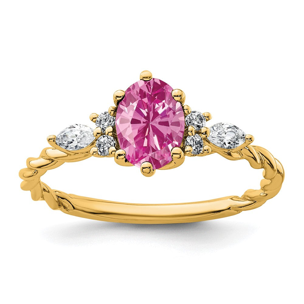 14K Gelbgold Ring mit Diamanten und 7x5 ovalem Oktober-Geburtsstein/im Labor gezüchtetem Rosa Saphir, Größe 7, gedreht