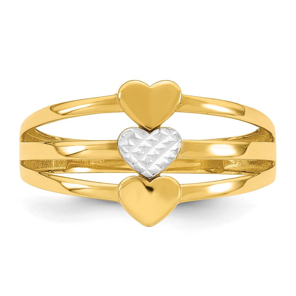 14K Gelbgold mit Rhodium, poliert und diamantiert, Drei Herzen, Größe 7, Ring