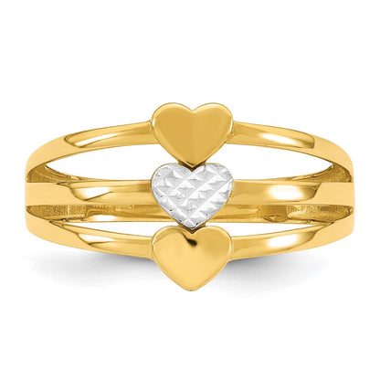 14K Gelbgold mit Rhodium, poliert und diamantiert, Drei Herzen, Größe 7, Ring