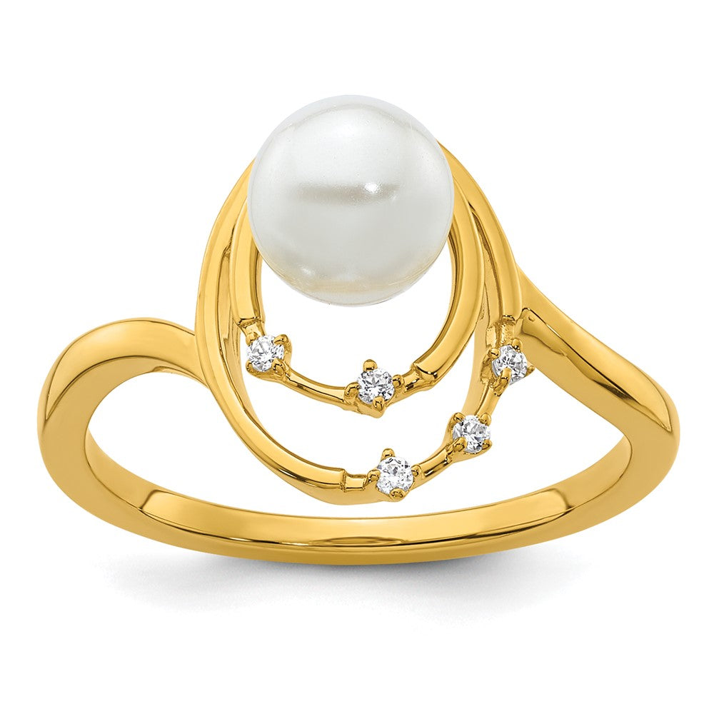 14K Gelbgold polierter Ring mit Diamant, 0,05K, und ovalen Süßwasserzuchtperlen, Größe 7