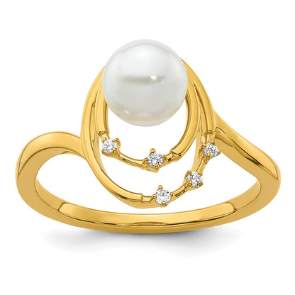 14K Gelbgold polierter Ring mit Diamant, 0,05K, und ovalen Süßwasserzuchtperlen, Größe 7