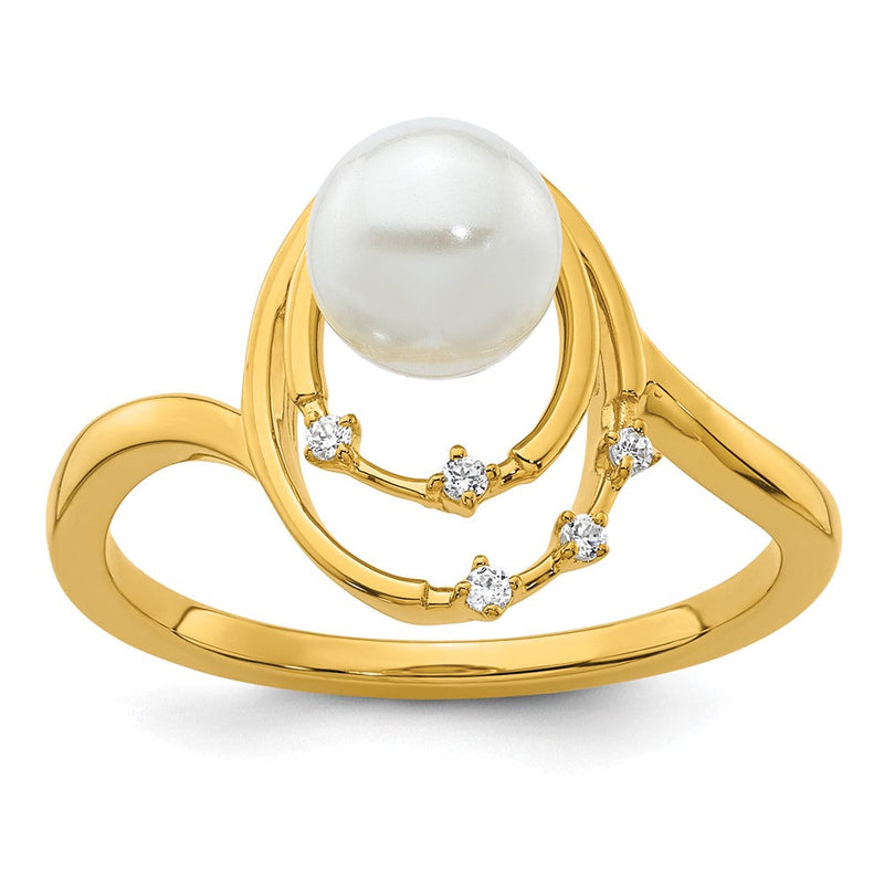 14K Gelbgold polierter Ring mit Diamant, 0,05K, und ovalen Süßwasserzuchtperlen, Größe 7