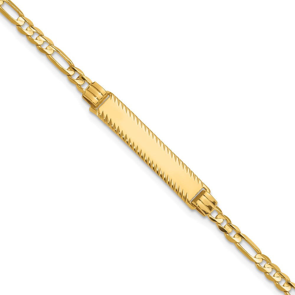 14K Gelbgold Poliert Massiv Kette/solid Platte 3.0mm Figaro Glieder Diamantiert 27x5.5mm Platte 8 Zoll Id Armband