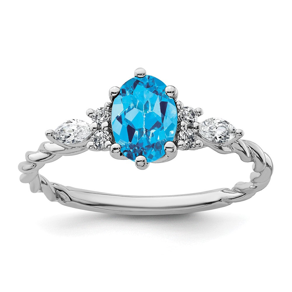 14K Weißgold Ring mit Diamant und 7x5 ovalem Dezember-/Blautopas, Größe 7, gedreht