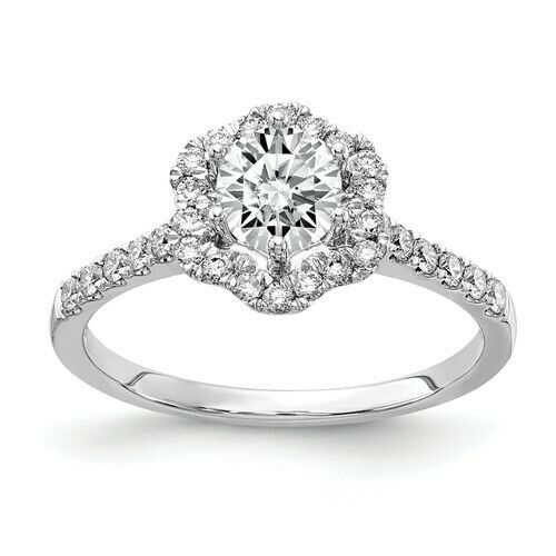 Verlobungsring mit Blüten-Halo, 0,75 ct. rundem natürlichem Diamant, 14K Weißgold
