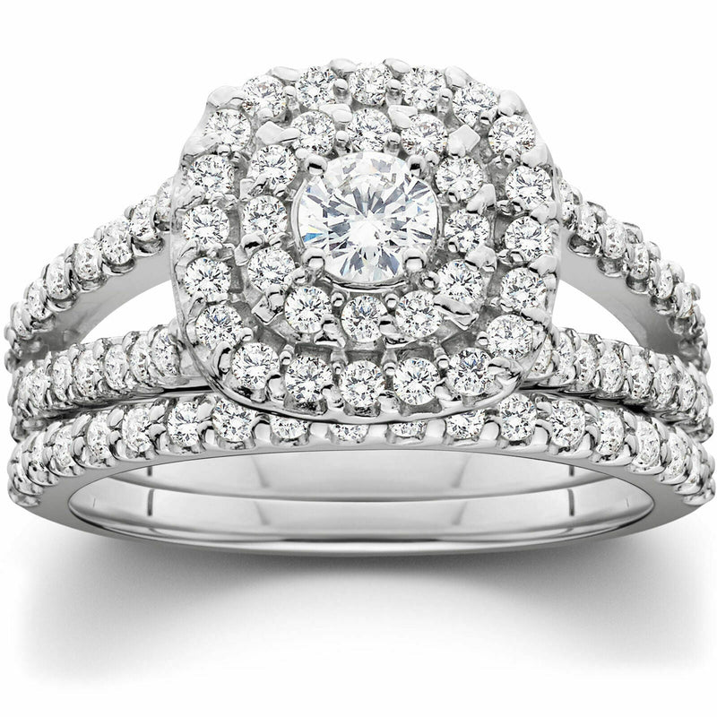 Braut-Set mit 1,1 ct. Gesamtgewicht Diamant im Kissenschliff, Halo-Solitär, Verlobungs- und Ehering, Weißgold
