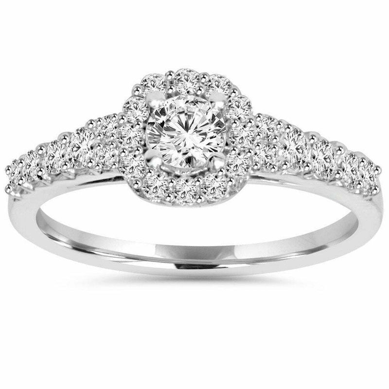 Verlobungsring mit 0,75 ct. Diamant im Kissenschliff, Halo, runden Diamanten, 14K Weißgold