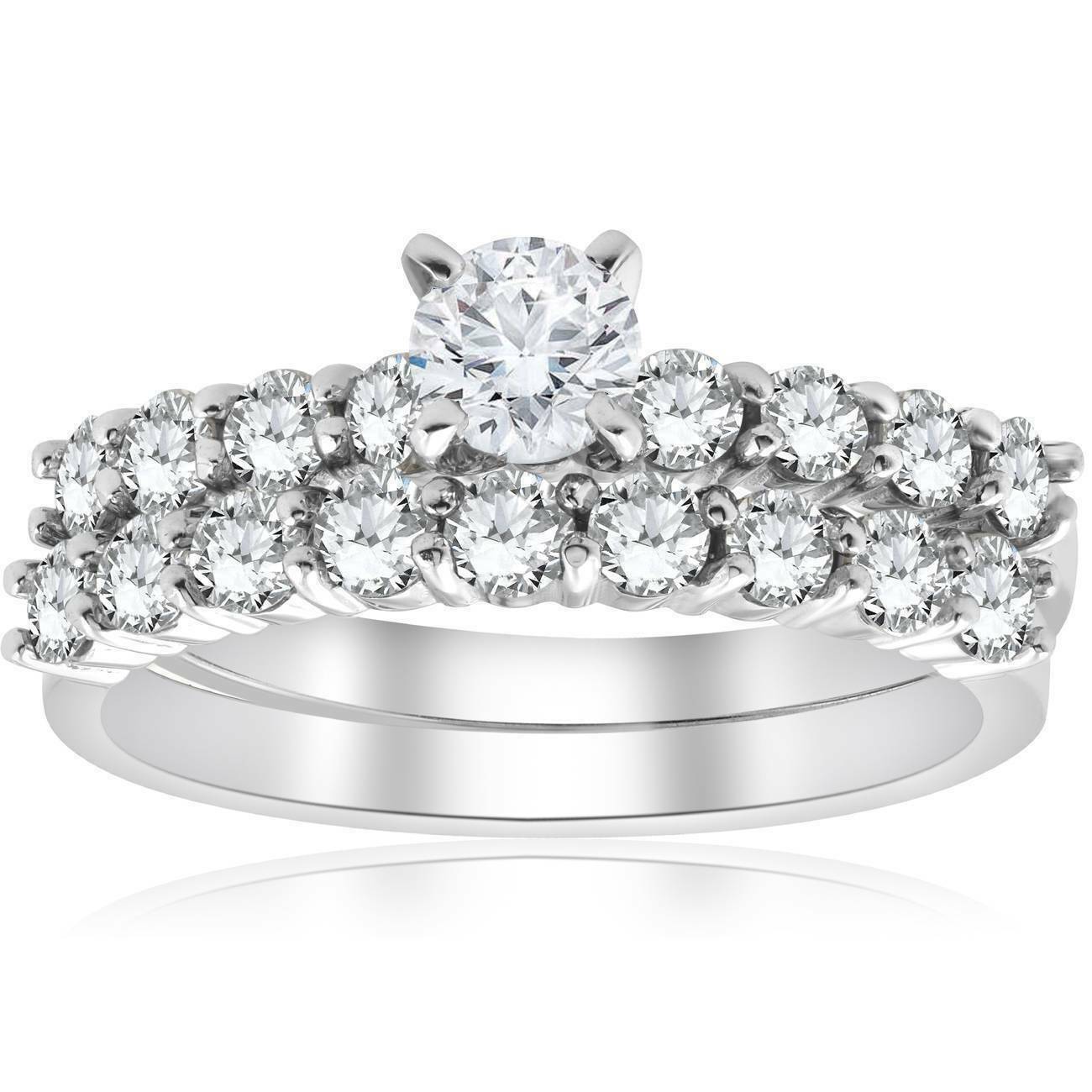 Verlobungsring mit Brautset, Solitär mit seitlichem Besatz, runder Diamant, 0,33 ct. Mittelstein, 1,32 ct. Gesamtgewicht, 14K Weißgold