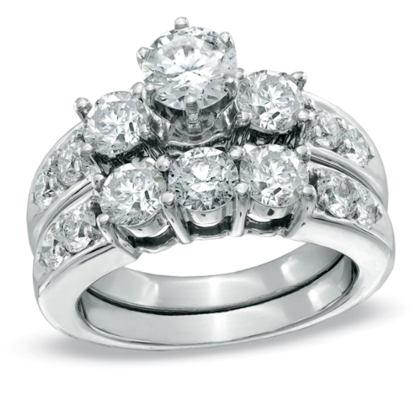 Passender Ehering – 3 ct. Gesamtgewicht Diamant Dreistein Braut-Set aus 10K Weißgold