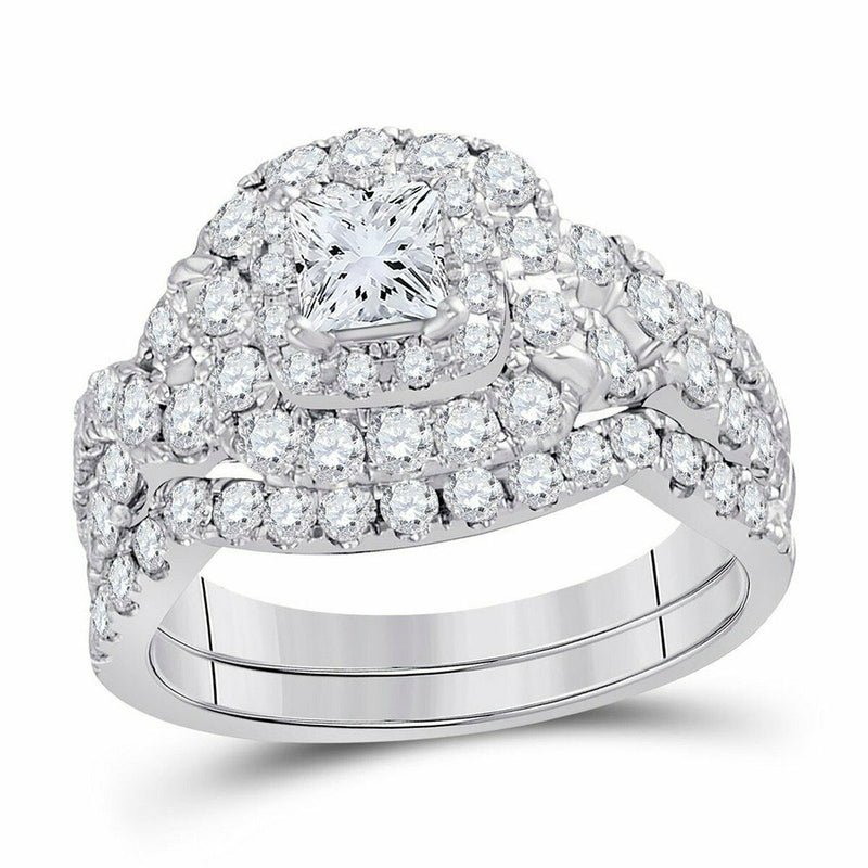 Braut-Set mit Diamanten im Princess-Schliff, 2 ct. Gesamtgewicht, Halo, 10K Weißgold