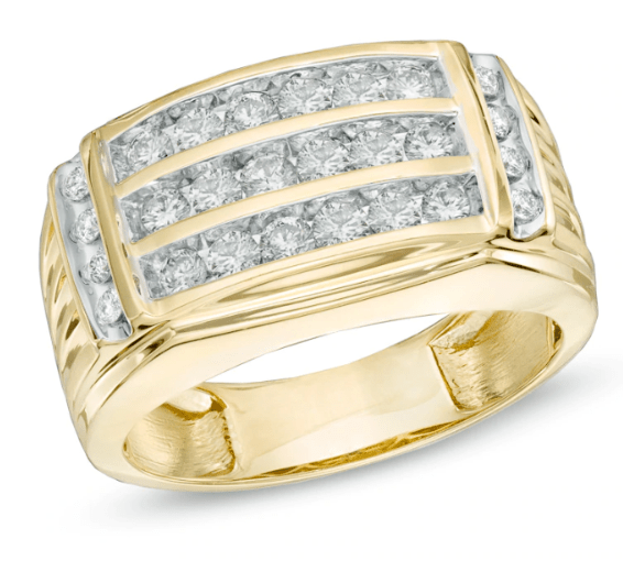 Herren-Ring mit Diamanten 1 ct. Gesamtgewicht, dreireihig, aus 14K Gelbgold