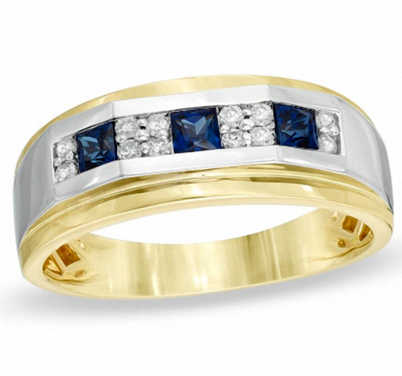 Herrenring mit quadratischem Labor-Saphir und Diamanten mit 0,2 ct. Gesamtgewicht in 14K Weißgold