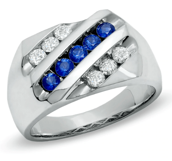 Herren-Ring mit 0,5 ct. Diamant und blauem Saphir, schräges Band, 10K Weißgold