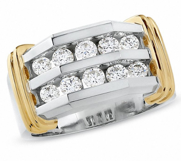 Herren-Ring mit 1 ct. Gesamtgewicht Diamanten, doppelreihig, aus 10K Weißgold