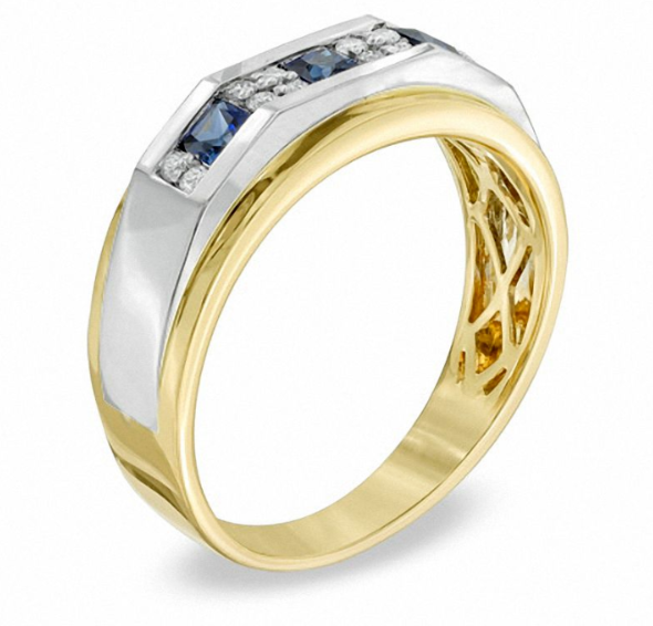 Herrenring mit quadratischem Labor-Saphir und Diamanten mit 0,2 ct. Gesamtgewicht in 14K Weißgold
