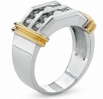 Herren-Ring mit 1 ct. Gesamtgewicht Diamanten, doppelreihig, aus 10K Weißgold