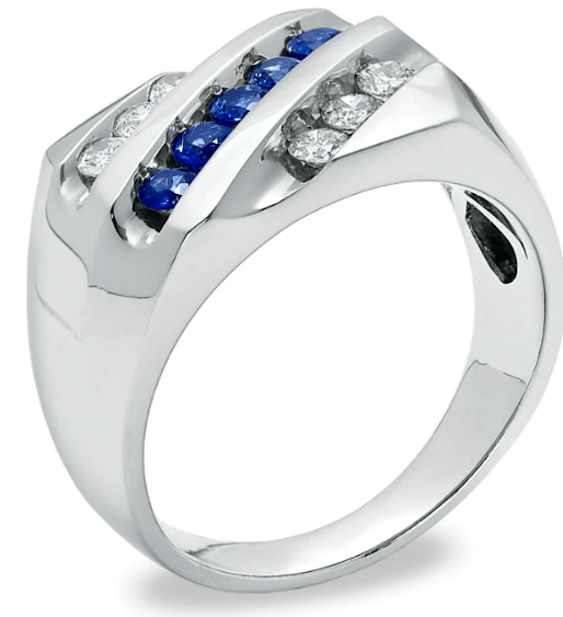 Herren-Ring mit 0,5 ct. Diamant und blauem Saphir, schräges Band, 10K Weißgold