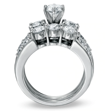 Passender Ehering – 3 ct. Gesamtgewicht Diamant Dreistein Braut-Set aus 10K Weißgold