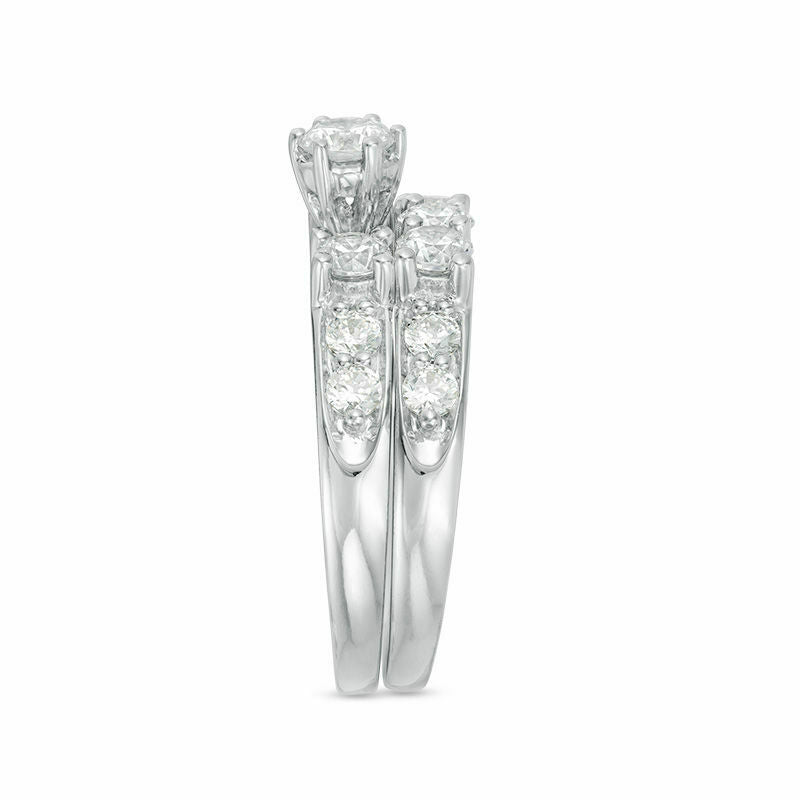 Passender Ehering – 3 ct. Gesamtgewicht Diamant Dreistein Braut-Set aus 10K Weißgold