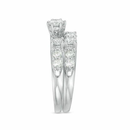 Passender Ehering – 3 ct. Gesamtgewicht Diamant Dreistein Braut-Set aus 10K Weißgold