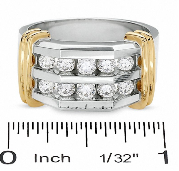 Herren-Ring mit 1 ct. Gesamtgewicht Diamanten, doppelreihig, aus 10K Weißgold