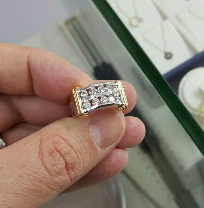 Herren-Ring mit 1 ct. Gesamtgewicht Diamanten, doppelreihig, aus 10K Weißgold