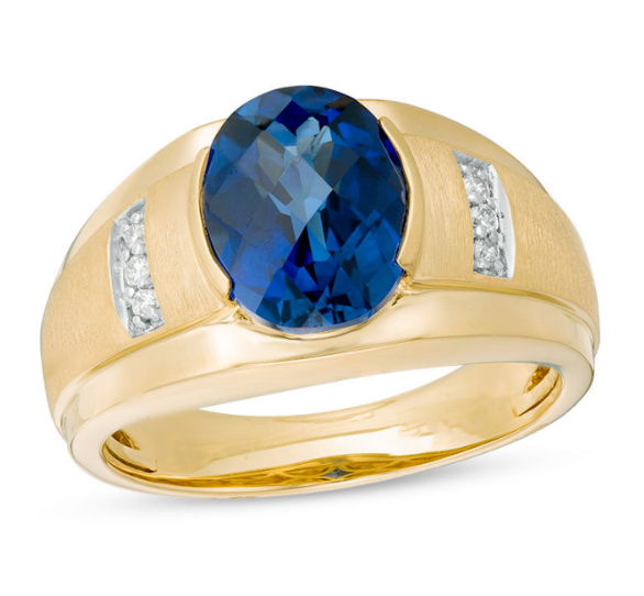 Herrenring mit ovalem Labor-Saphir in Blau und Diamanten, 10K Weißgold