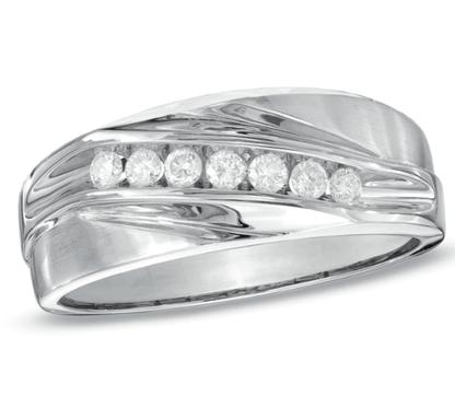 Herren-Ehering mit sieben Diamanten, 0,25 ct. Gesamtgewicht, aus 10K Weißgold