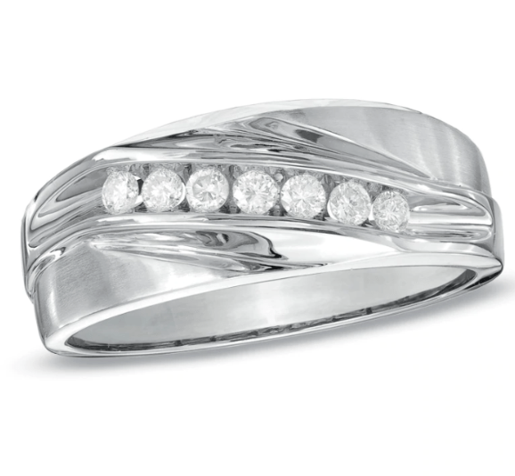 Herren-Ehering mit sieben Diamanten, 0,25 ct. Gesamtgewicht, aus 10K Weißgold