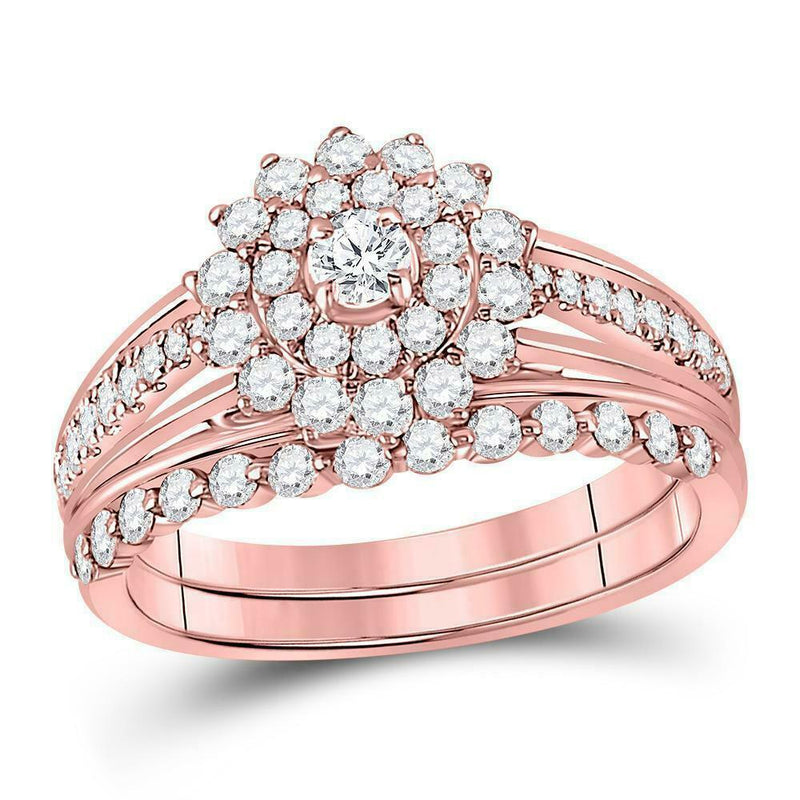 Verlobungs- und Ehering-Set mit rundem Diamanten im Blüten-Halo-Design, 1 Karat, 14K Roségold