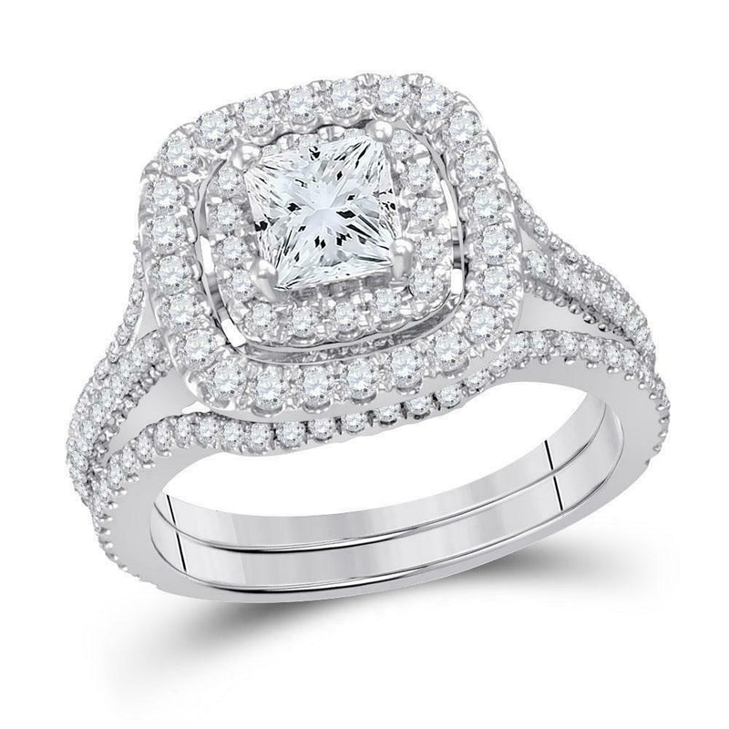 2 Karat Diamant Braut-Set mit Princess-Schliff und Kissenschliff-Halo, Weißgold