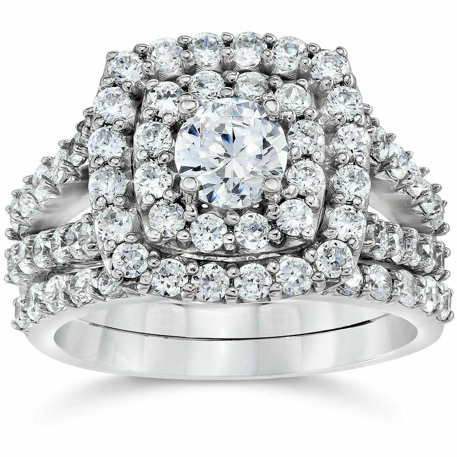 Zertifiziertes Braut-Set mit 2 ct. Gesamtgewicht Diamant im Kissenschliff, Halo, aus 10K Weißgold