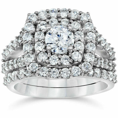 Zertifiziertes Braut-Set mit 2 ct. Gesamtgewicht Diamant im Kissenschliff, Halo, aus 10K Weißgold