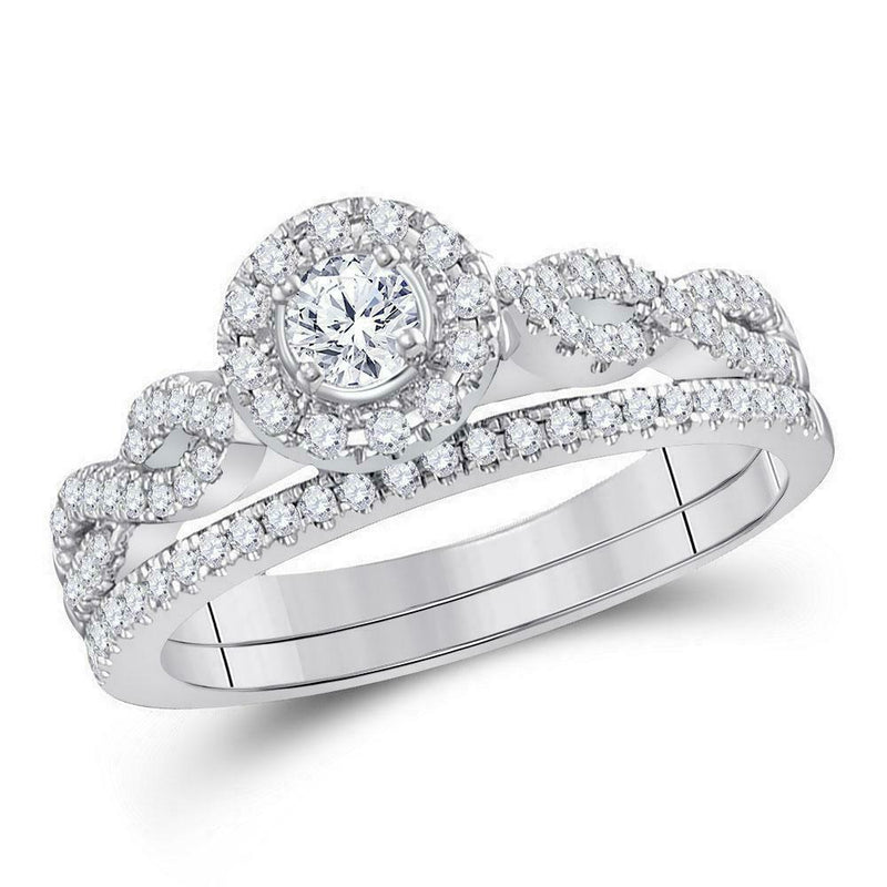 1,0 ct. Gesamtgewicht Infinity-Halo-Solitär-Verlobungs- und Ehering-Set mit Diamanten aus 14K Weißgold