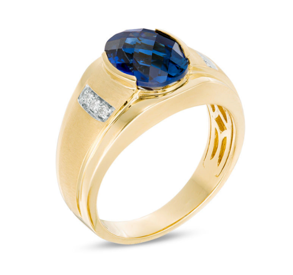 Herrenring mit ovalem Labor-Saphir in Blau und Diamanten, 10K Weißgold