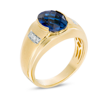Herrenring mit ovalem Labor-Saphir in Blau und Diamanten, 10K Weißgold