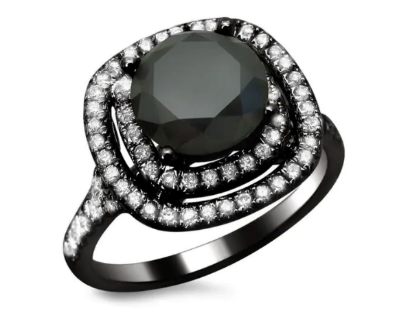 2,5 ct. Zertifizierter Double-Halo Ring mit schwarzen & weißen Diamanten, 14K Schwarzgold
