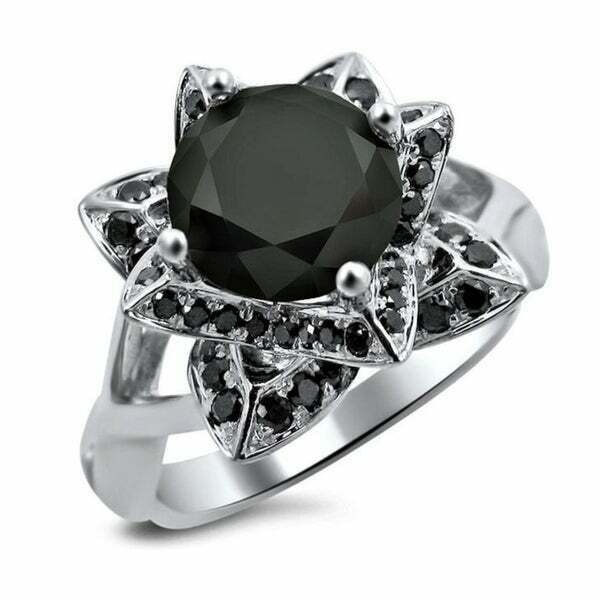 14K Weißgold Lotusblumen-Ring mit schwarzen Diamanten im Rundschliff, 3 ct. Gesamtgewicht