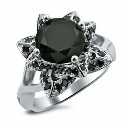14K Weißgold Lotusblumen-Ring mit schwarzen Diamanten im Rundschliff, 3 ct. Gesamtgewicht