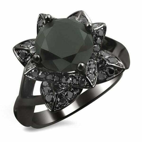 Verlobungsring mit schwarzen Diamanten im Lotus-Design, 2,33 ct. Gesamtgewicht, aus 14K schwarz rhodiniertem Gold
