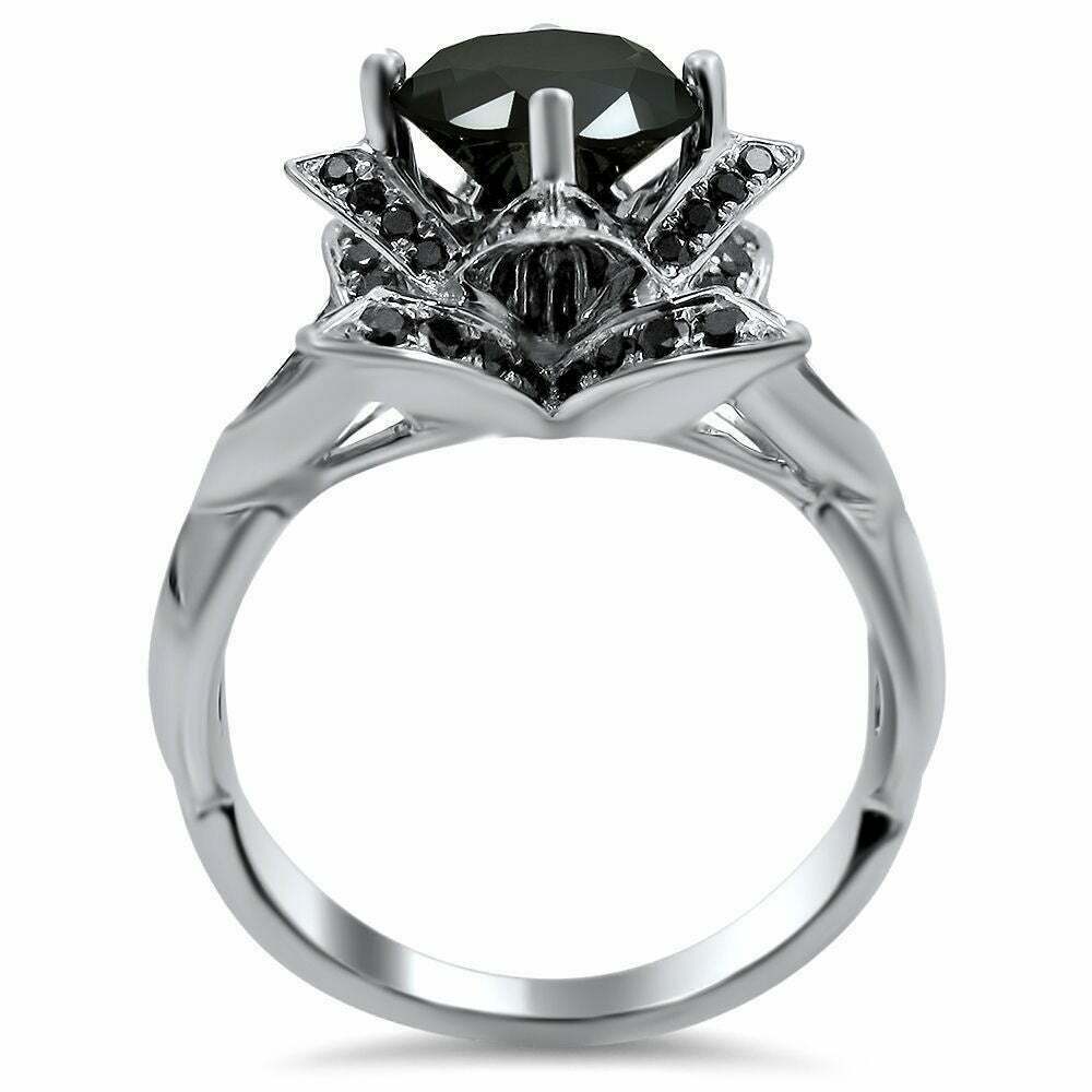 14K Weißgold Lotusblumen-Ring mit schwarzen Diamanten im Rundschliff, 3 ct. Gesamtgewicht