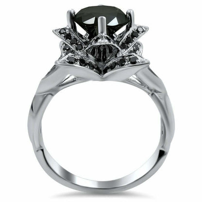 14K Weißgold Lotusblumen-Ring mit schwarzen Diamanten im Rundschliff, 3 ct. Gesamtgewicht