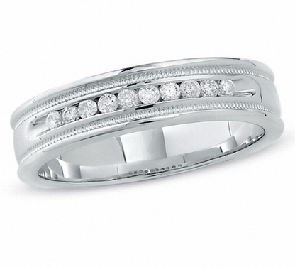 Herren-Ring mit 0,25 ct. Diamanten in Kanalfassung mit Milgrain in 14K Weißgold