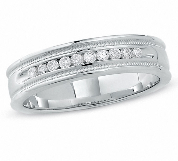 Herren-Ring mit 0,25 ct. Diamanten in Kanalfassung mit Milgrain in 14K Weißgold