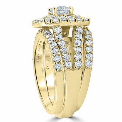 3,0 ct. Diamant Braut-Set mit doppeltem Kissenschliff-Halo, dreiteilig, 10K Weißgold oder Gelbgold