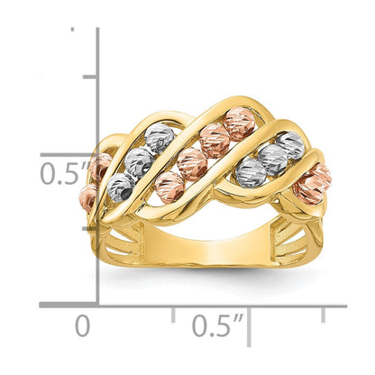 14K Tricolor-Gold Fashionring mit polierten und diamantgeschliffenen Perlen