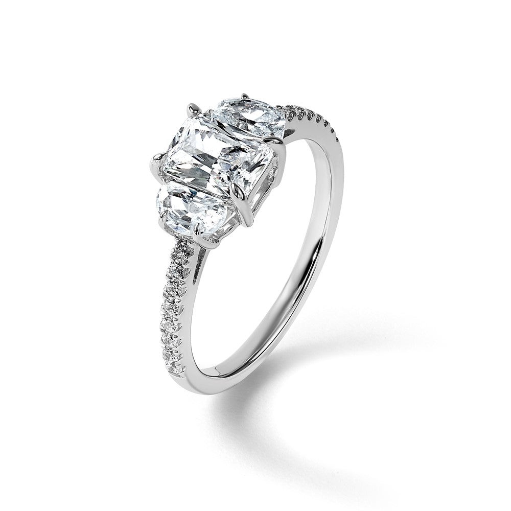 14K Weißgold Verlobungsring mit Halbmond, Drei-Steine-Fassung, 0,75 ct. Labor-Diamanten VS+ F+, 1 ct. Center-Radiant, Semi-Mount