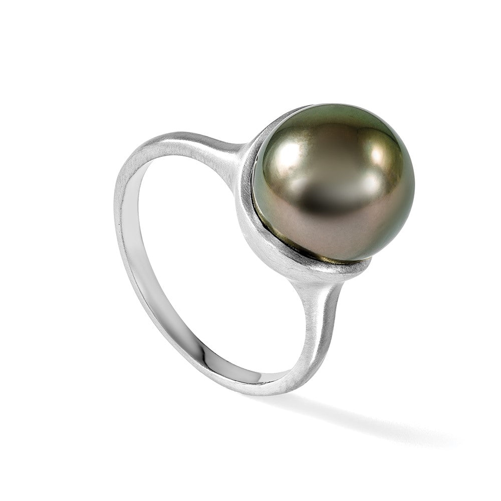 14K Weißgold Gebürstet 10-11mm Rund Schwarz Tahitian Salzwasser Zuchtperle Ring